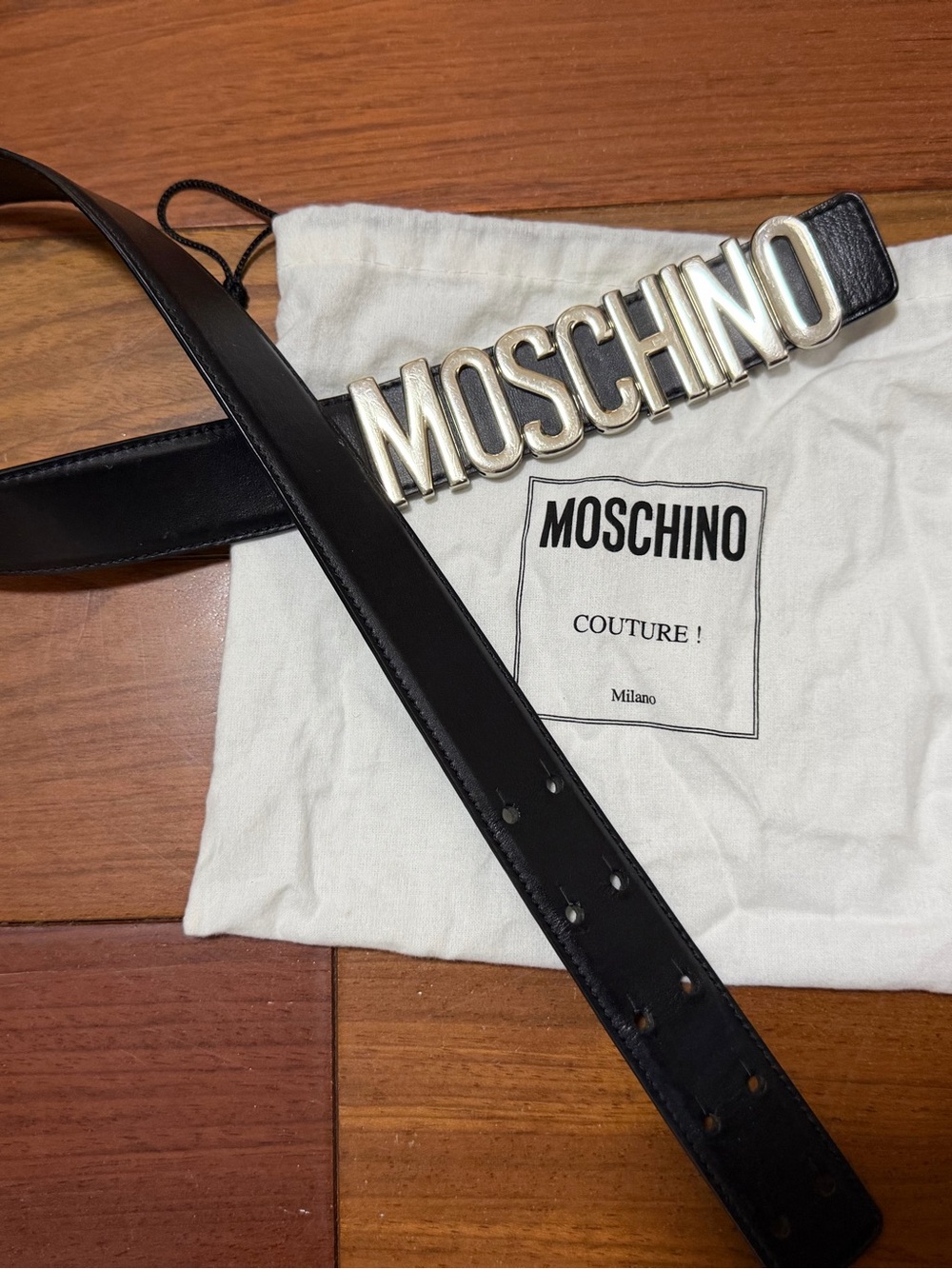 Moschino Black Leather Belt with Silver Logo